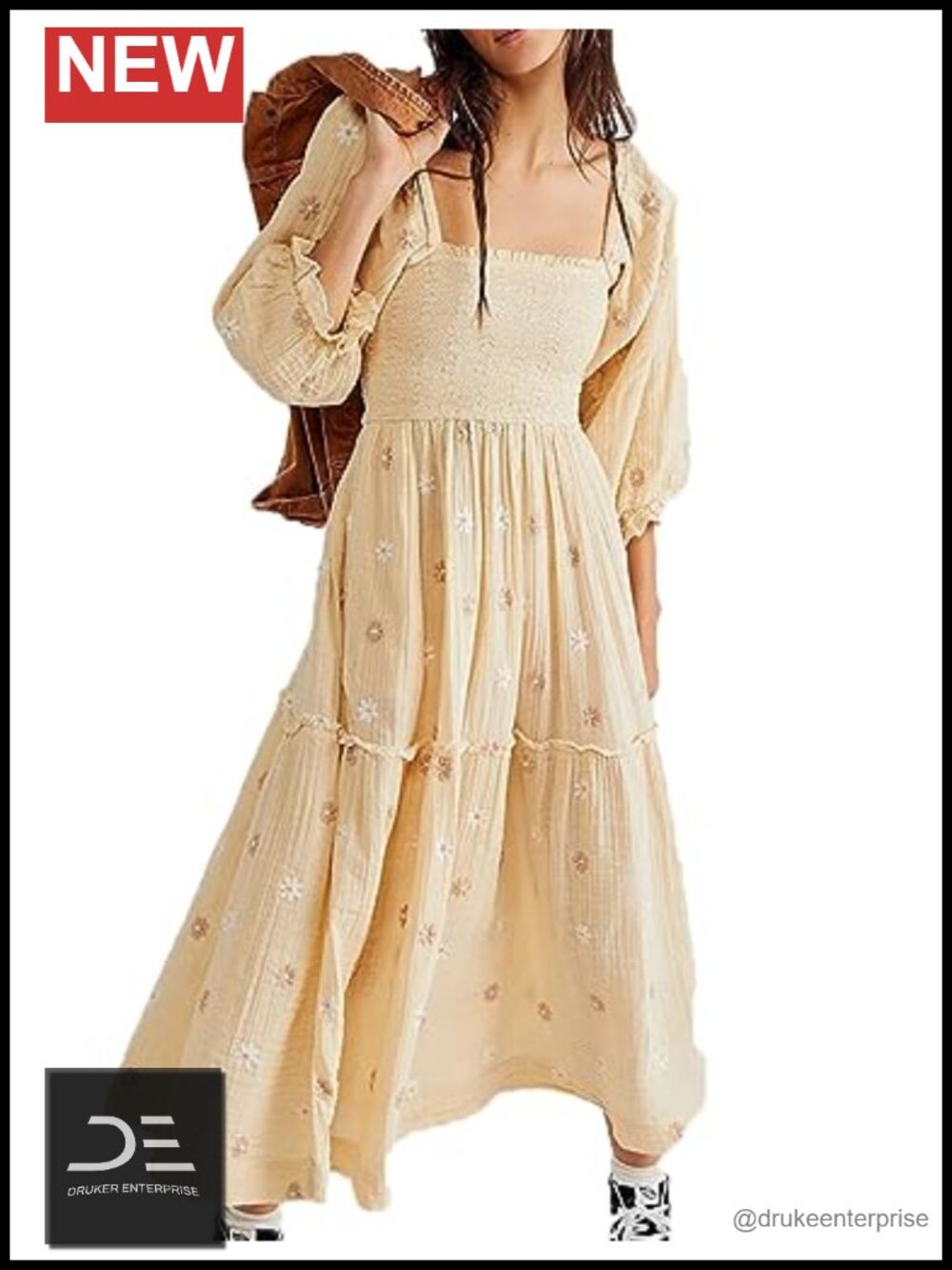 Women Bohemian Floral Embroidered Maxi Dress Lantern Sleeve Square Neck